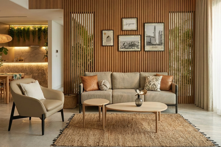 Tường ốp gỗ, sofa vải thô và thảm cói là những đặc điểm dễ nhận ra của phong cách Rustic