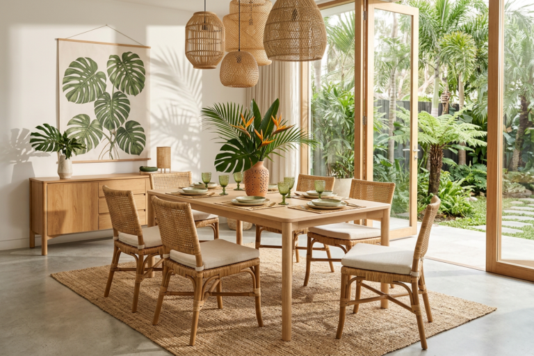 Bàn ăn gỗ, ghế gỗ và đèn mây tre đan mang tinh thần mộc mạc, gần gũi của phong cách Rustic