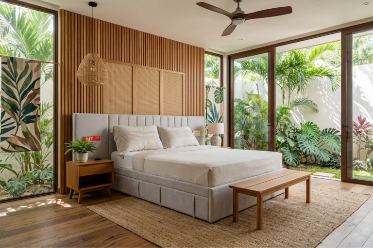 Phòng ngủ Rustic với giường bọc vải, sàn gỗ và mảng xanh tự nhiên