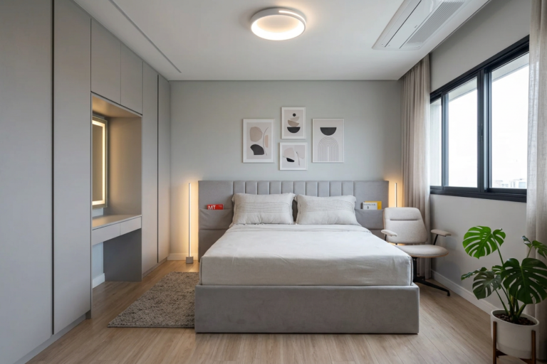 Đặt bàn trang điểm gần cửa sổ hoặc cạnh giường để tận dụng ánh sáng tự nhiên