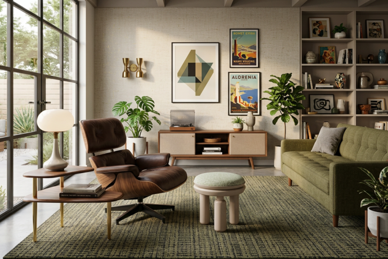 Kết hợp Rustic với nét Mid-century qua ghế da, đôn Dune và kệ gỗ