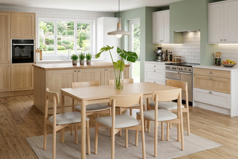 Căn hộ hiện đại vẫn mang nét Rustic nhờ bàn ăn gỗ sáng màu và cây xanh