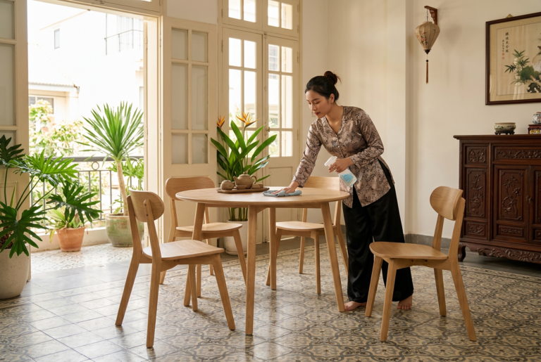 Gia đình có trẻ nhỏ nên chọn ghế gỗ chắc chắn, dễ vệ sinh
